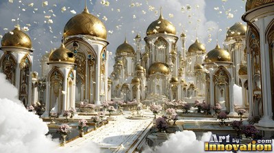 Facing forward, a white palace with gold domes sits above pale clouds