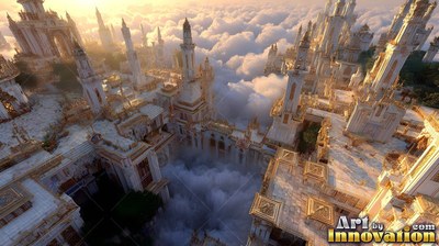 White stone towers with gold trim rise high above a sea of fluffy clouds in warm sunlight
