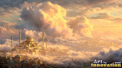 Above soft clouds, a golden mosque rises into bright sunset skies