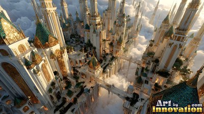 Rising through pale clouds, tall white palaces have gold trim and green roofs