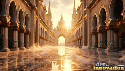 A marble courtyard lined with arched golden buildings in the sun