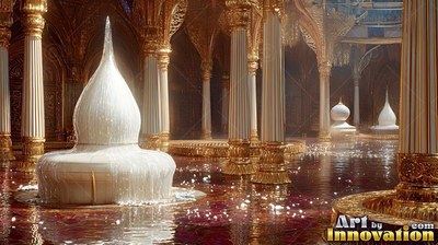 White water cascades down a dome fountain in a hall lined with golden pillars
