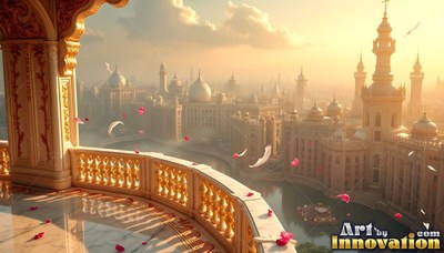 A stone balcony looks over a canal city beneath warm golden sunlight