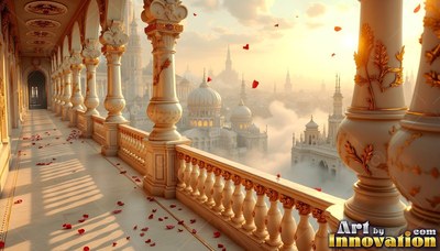 Looking down along a marble balcony toward domed palaces in warm sunlight