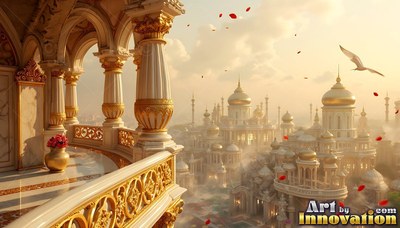 A view from a bright golden palace balcony overlooking white domed temples in morning light