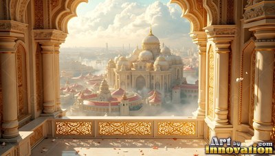 From an arched stone balcony, a pale domed palace rises out of morning clouds