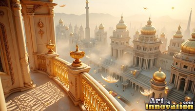 Overlooking a city in the clouds, a gold balcony sits above white palace domes
