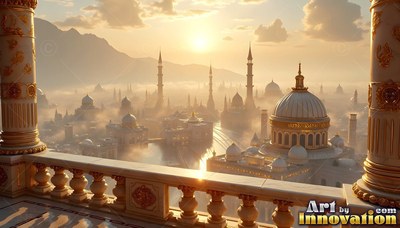 A golden city with domes and towers seen from a stone balcony in mist