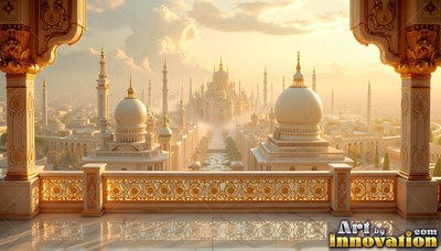 Round white domes and spires rise across a palace city seen past a stone balcony