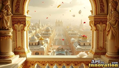 A stone arch frames a city of domes under soft warm morning sunlight