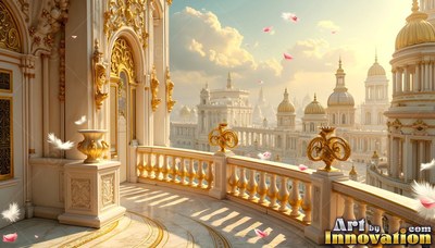 Looking out from a marble balcony over gold palace domes in bright sunlight