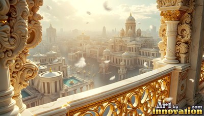 A view of a golden city with domes from a carved balcony in warm sunlight
