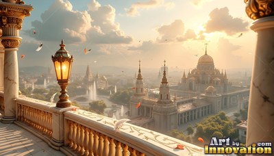 From a marble balcony, a gold palace sits under soft clouds at sunrise