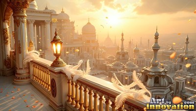 Overlooking a palace balcony, a gold city spreads out under bright sunlight