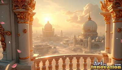 A white balcony looking out over golden domed palaces in clouds