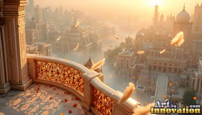 Carved balcony railing overlooking a hazy golden city with yellow feathers drifting in the warm sunlight