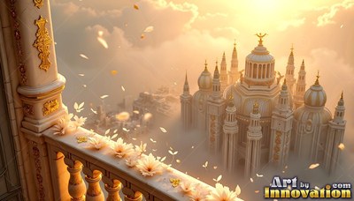 A white palace rises through thick clouds, seen from a balcony in warm golden sunlight