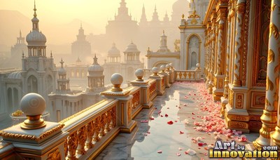 Looking down along a marble balcony with rose petals over white palace domes