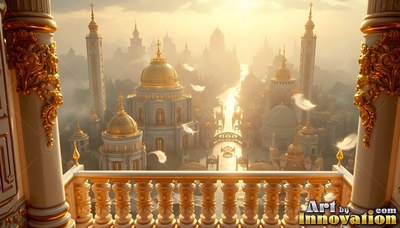 A golden balcony overlooks a city with gold domes in hazy sunlight