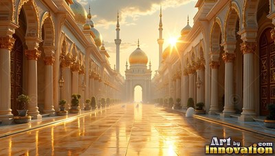 Along a golden courtyard, bright sunlight shines past domes and columns