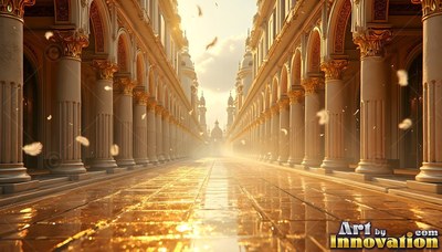 Leading down a street of tall pillars, white feathers drift in warm sunlight