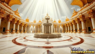 Fountain in a round marble courtyard under bright sunbeams