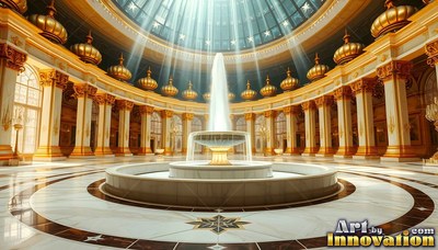 A tall plume of white water shoots from a marble fountain inside a round hall of gold columns