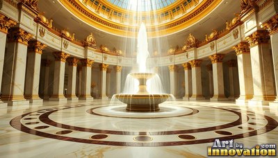 A marble fountain sprays water beneath warm sunlight beaming through a dome skylight