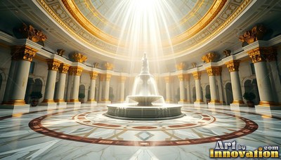 Low angle looking up at a marble fountain inside a round golden hall