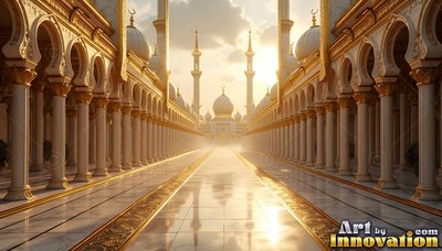 A long marble walkway lined with golden arches leads toward a sunlit mosque
