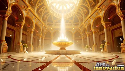 Inside a gold palace hall, a bright fountain stands under high arches