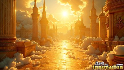 Rising toward the bright sun, a golden palace street sits flanked by bright white clouds