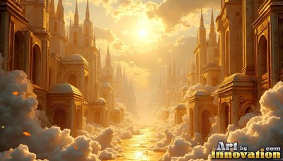 Shining golden palace towers rise above bright white clouds under the sun