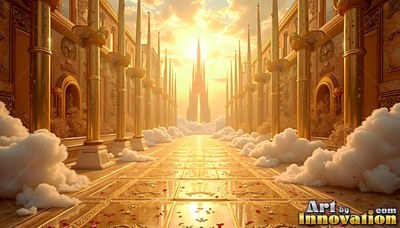 A golden pathway leads past tall pillars toward bright sunlight over clouds