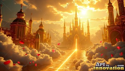 Viewed from the front, a golden castle stands above clouds in bright sunlight