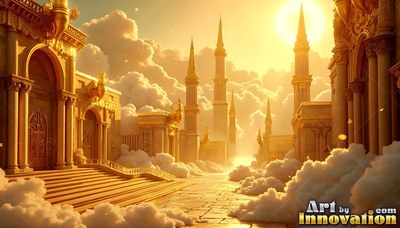 A golden city of tall spires stands over soft clouds under a bright sun