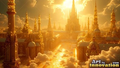 Above fluffy light clouds, a golden city rises with tall spires under bright sunlight