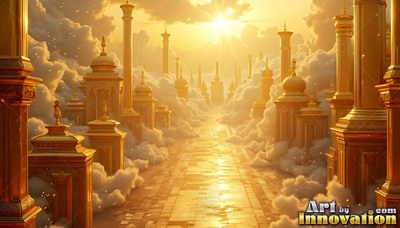 Leading toward a bright sun, a golden stone path passes tall pillars in soft clouds