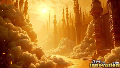 Golden towers and spires rising above soft clouds in bright sunlight