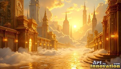 Tall spires top golden palaces along a cloud-filled street under the warm sun