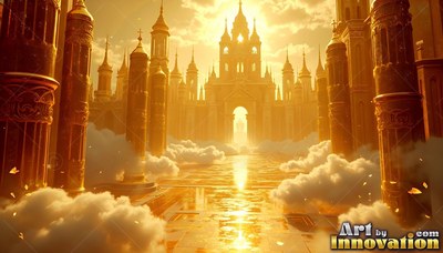 A golden palace rises past white clouds under bright yellow sunlight