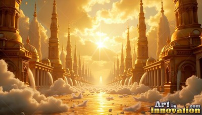Looking down a golden canal lined with towers toward the bright sun