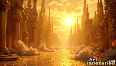 A golden city street lined with tall towers under a bright sun with clouds on the ground