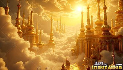Above soft clouds under bright sun, a golden palace stands with tall spires