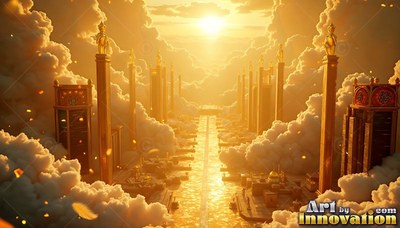 Stretching into warm clouds, a golden boulevard leads toward the bright sun