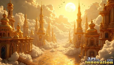 Golden towers rise through white clouds under a bright sun