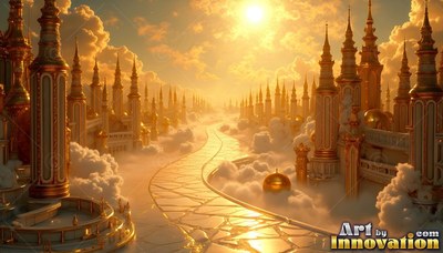 Golden spires rise above white clouds along a paved road under bright sunlight