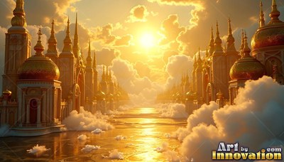 Golden palaces line a wet street into the clouds under bright yellow sunlight