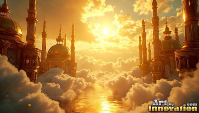 Wide view of gold palace domes rising above white clouds under bright sun