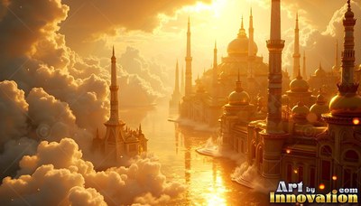 Golden palaces and towers rise over water surrounded by fluffy clouds at sunset